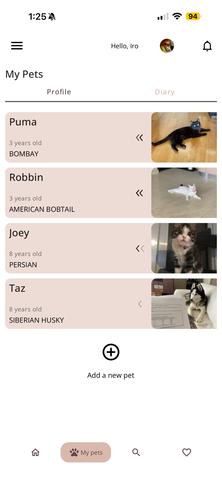 GizmO app pet profiles list